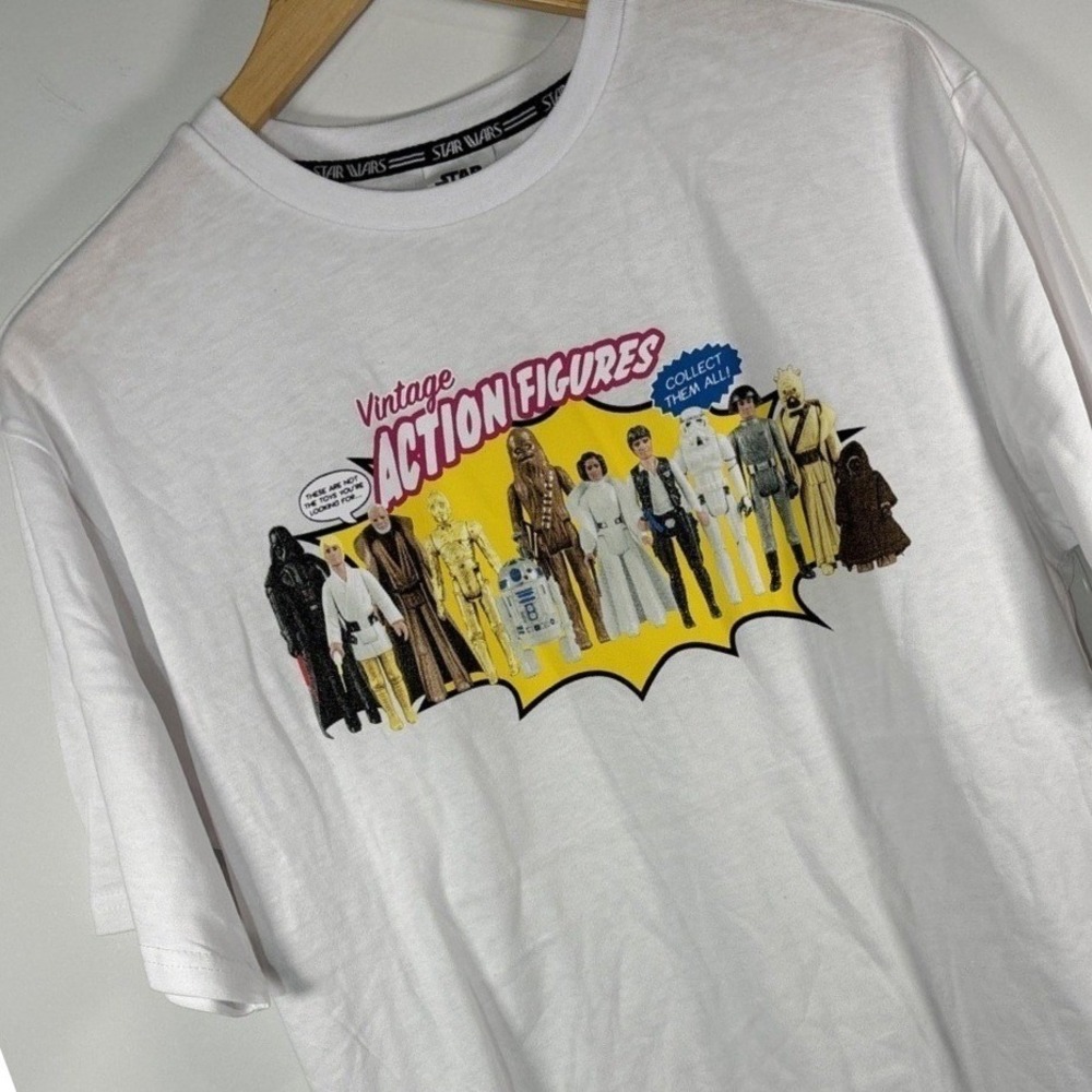 Disney Mens T-Shirt Sz S White Star Wars Vintage Action Figures Graphic Tee NWT